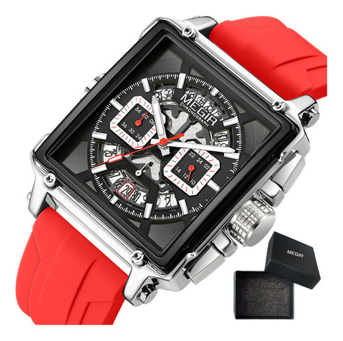 Reloj pulsera Megir 2233G de cuerpo color negro, analógico, para hombre, con correa de silicona color rojo y hebilla simple