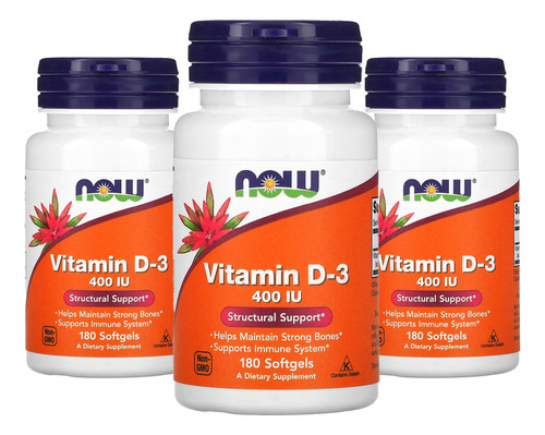 Vitamina D-3 Now Foods 400 Iu 180 Caps Softgels 3un Sabor Sem Sabor