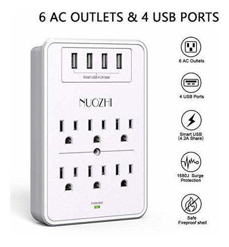 Nuozhi Cargador Pared Usb Extension 6 Toma 4 Puerto 1680