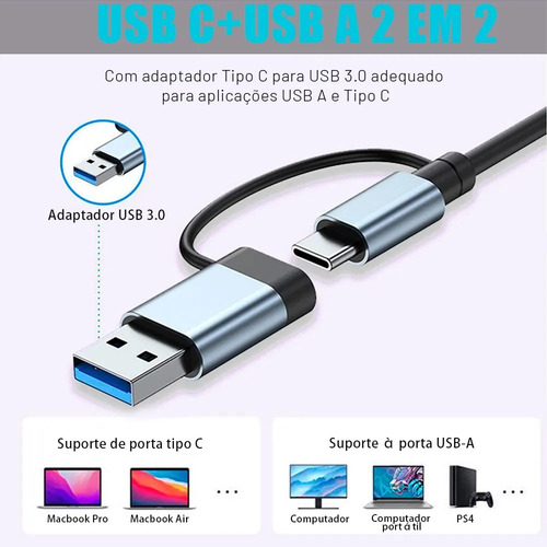 Adaptador Hub Usb E Tipo C Extensor 8 Em 1 Com Leitor Cartão