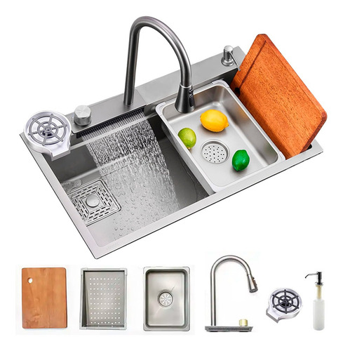 Cuba Cascata Premium Revomax Cor Prata Completa Com Acessórios Torneira Monocomando E Lavador De Copos Para Cozinha Gourmet Em Aço Inox 304