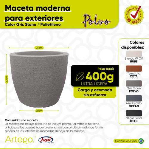 Maceta Moderna Para Exteriores Compacta De 20 Cm De Alto Polvo Color Gris Stone De Polietileno Ultra Ligera Artego Japi Hecho En Brasil
