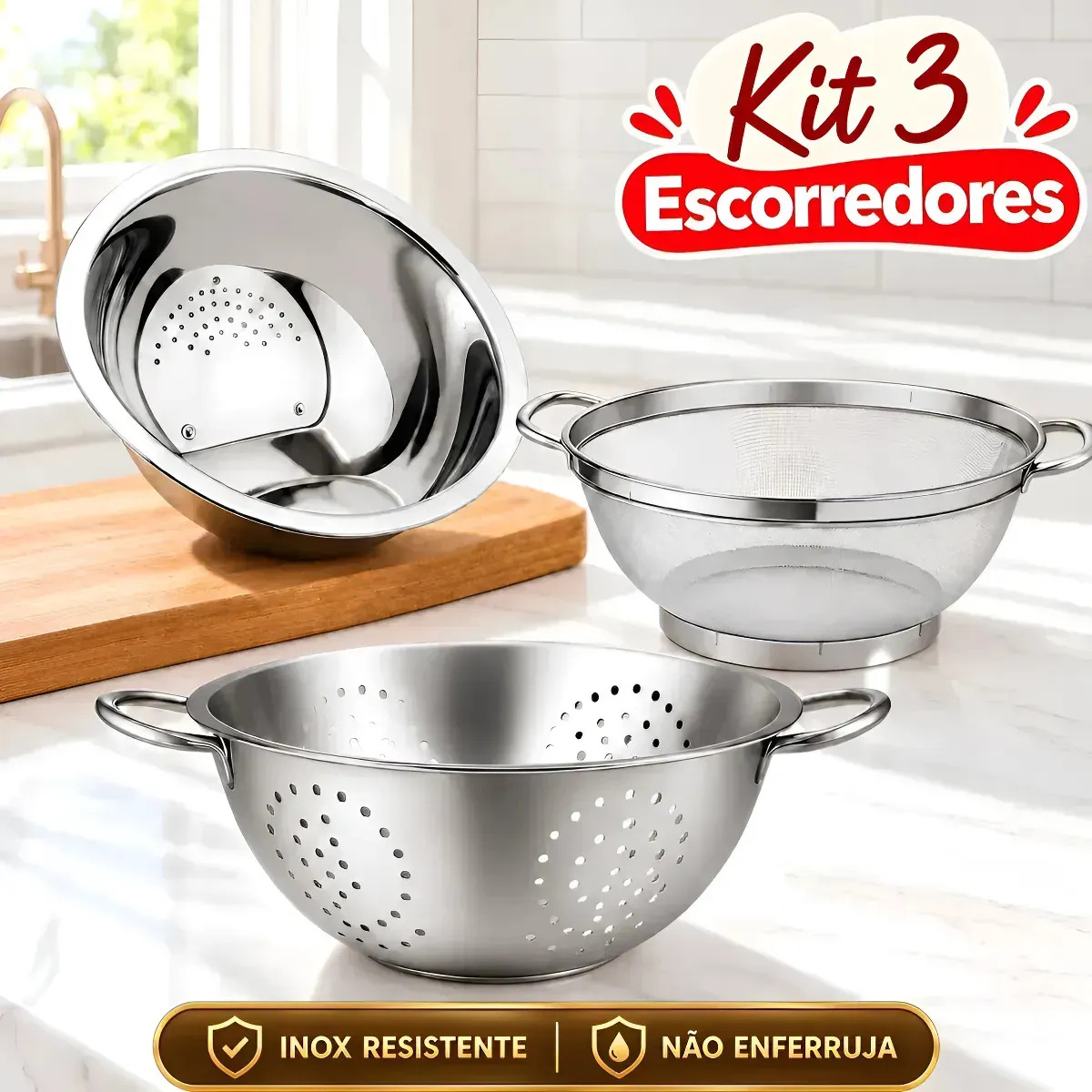 Kit 3 Peças Escorredor De Arroz Em Inox De Macarrão Grande De Alimentos Mariazinha