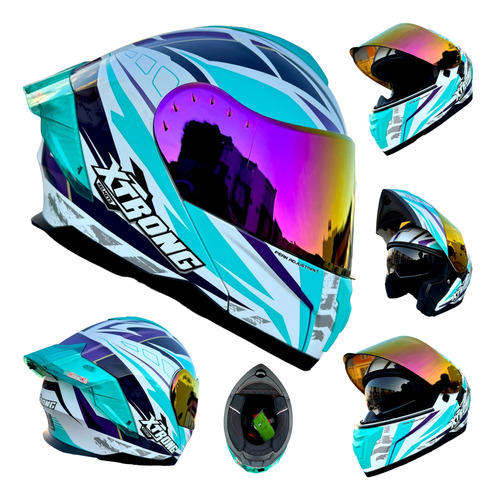 Casco Para Moto Azul Blanco Luz Trasera Abatible Xtrong Dot