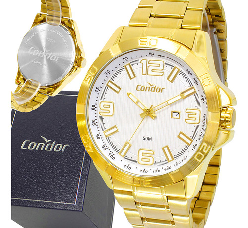 Relógio Masculino Condor Grande Analógico Pulseira E Bisel Dourado Fundo Branco