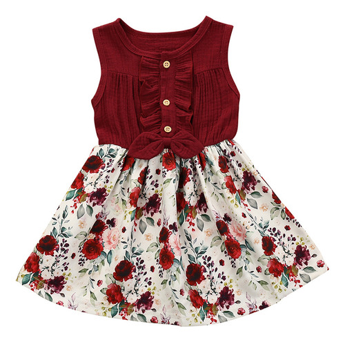 Vestido De Sol Sin Mangas Con Lazo De Lino Floral Para Niñas