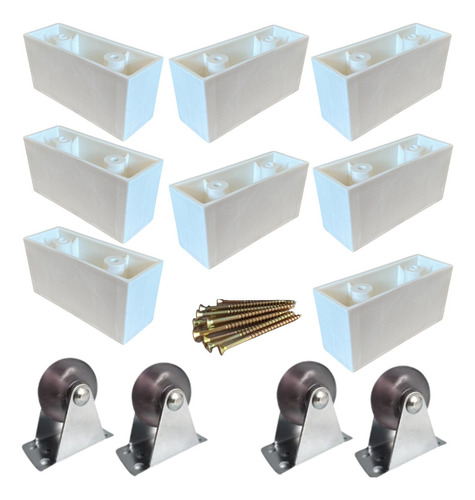 Kit Pes Para Sofa Retrátil Completo- 8pça + 4 Rodinhas- 5cm Cor Branco