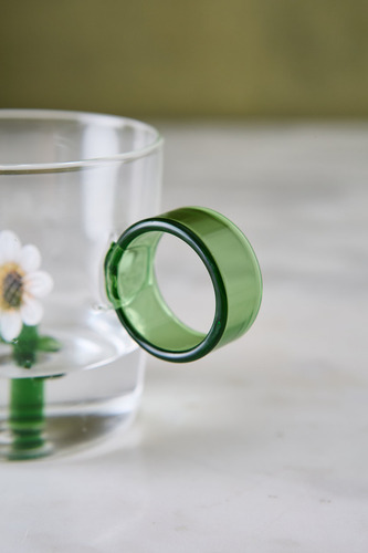Taza Mug De Vidrio Transparente Manija Verde Flor