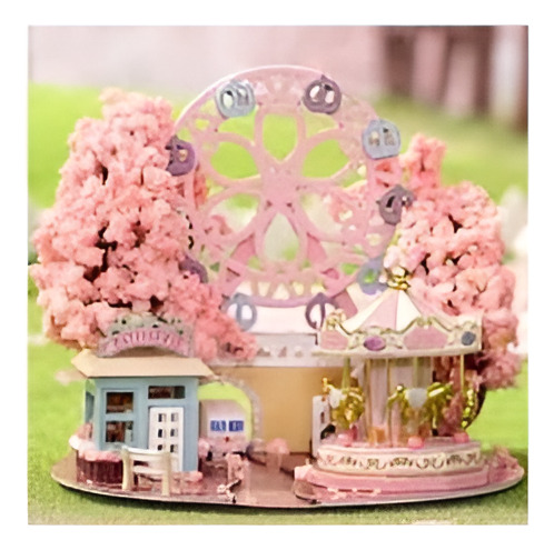 Casita De Madera Armable Luz Led Botella - Paisaje De Sakura
