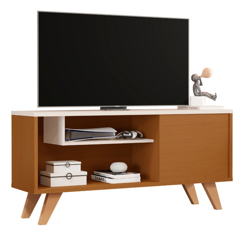 Rack Bancada Heitor Nature Tv 50 Polegadas Compacto Para Sala Com Porta E Prateleiras Pés De Madeira Maciça