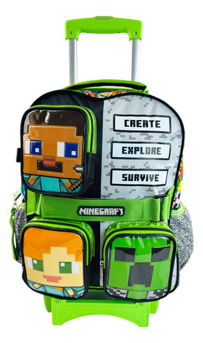 Mochila De Carrito, Lonchera Y Lapicera Minecraft Pelicula Verde Minecraft