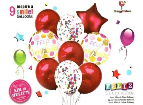 Set De 9 Globos Feliz Cumpleaños Confeti Perlado