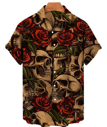 Camisa Casual Hawaiana De Hombre Con Estampado De Calavera