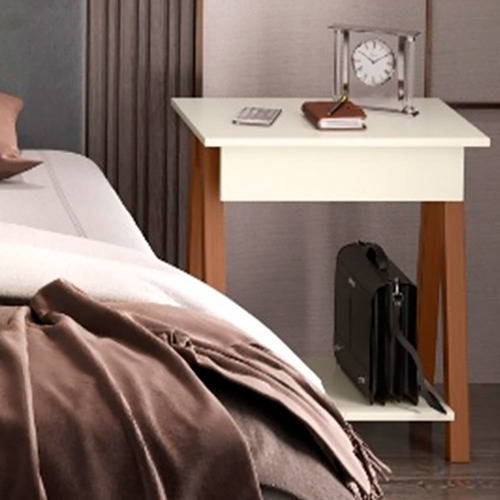 Mesa De Cabeceira 1 Gaveta Ofertamo Amadeirado/off White Acabamento Brilhante Cor Branco