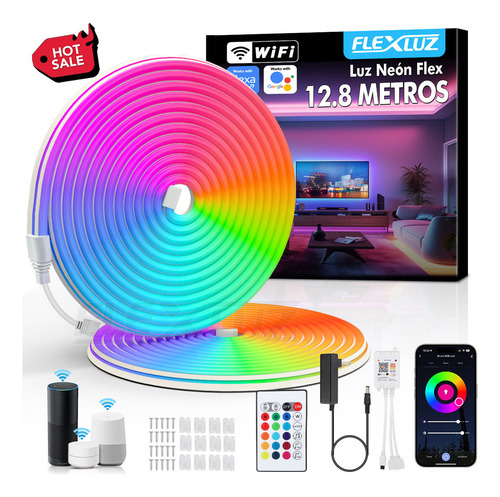 Flexluz Tiras De Neon 12.8M Wifi Flex Rgb Luz Compatible con Asistente de Voz Alexa Google Home y Siri Conexión Estable Control Remoto Sin Límites Para Cuarto Decoración De Interior