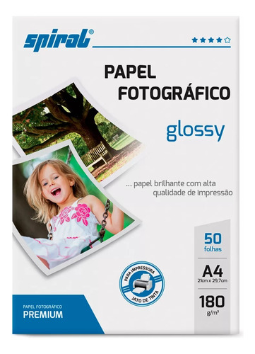 Papel Fotográfico A4 180g Glossy Paper 50 Folhas Cor Branco