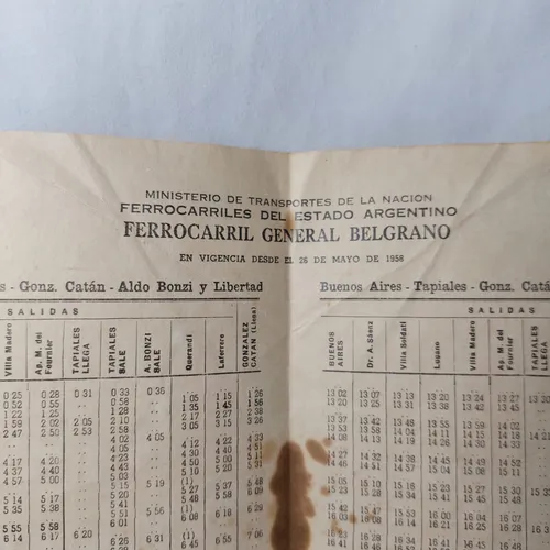 Antiguo Horario Ferrocarril Belgrano 1958 Original Mag 65299 (Usado)