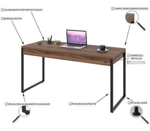 Mesa Para Escritório 150cm 2 Gavetas Kuadra Compace Gg