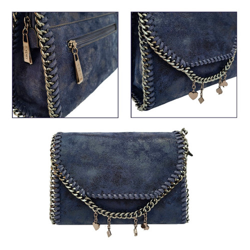 Bolsa Feminina Transversal Alça De Corrente - Golden Fênix Cor Azul Correia De Ombro Grafite Desenho Do Tecido Lixada