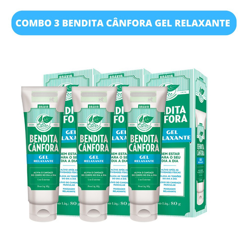 Kit 3 Bendita Cânfora 80g Gel Relaxante Massagem Pós Treino 