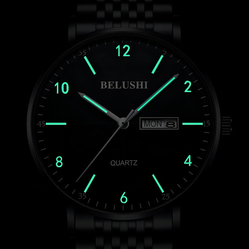 Reloj Hombre Inoxidable Fluorecente Resistente Agua 3 Bar Bs Correa Dorado-negro