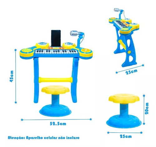 Piano Infantil 37 Teclas Com Microfone Banquinho Luzes E 22 Canções Usb/Mp3  - Loja Sitio da Magia