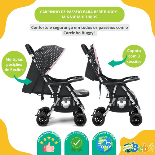 Carrinho de Passeio P/Bebê Tipo Berço Buggy Minnie Multikids