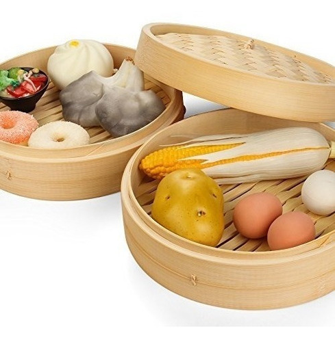 Imagen 3 de 5 de Vaporera De Bambu 20cm 2 Pisos + Tapa Cocina Saludable