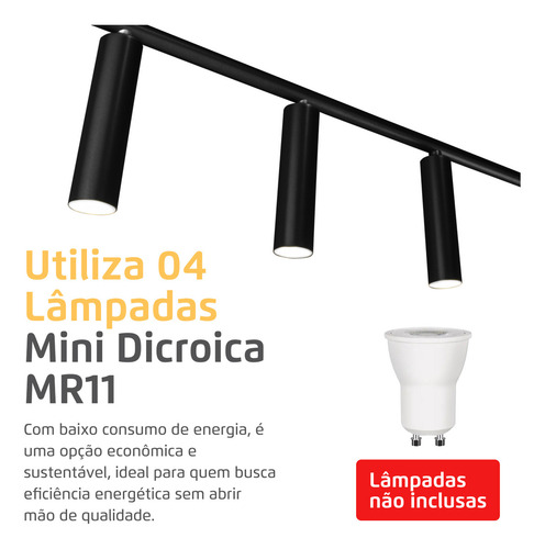 Lustre Retangular Preto Turn By 4 Spots Tubo Para Mesa