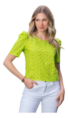 Blusa Dama Algodón Calada Manga Globo Verano Casual Fresca