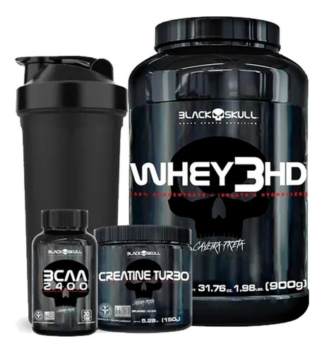 Whey 3hd 900g + Bcaa 2.400 + Creatina + Shaker - Black Skull Sabor Morango