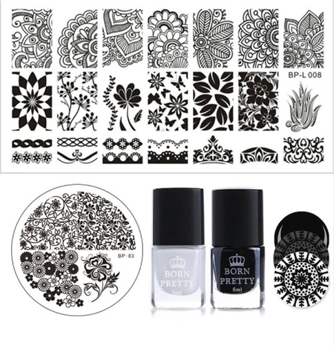 Kit Born Pretty 2 Placas 2 Esmaltes + Carimbo Transparente