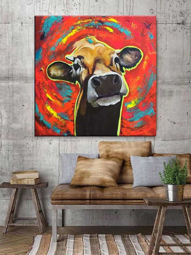 Cuadro De Vaca Moderno Pintado A Mano Texturdo Vegano Arte