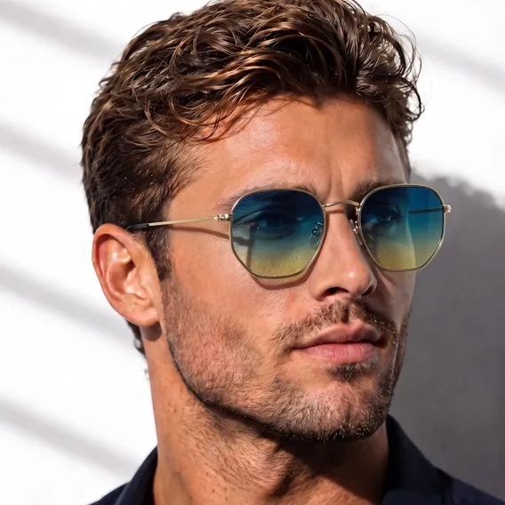 Oculos De Sol Original Oculos Unissex De Sol Com Proteção Uv Hexagonal Armação Dourada - Lente Acqua