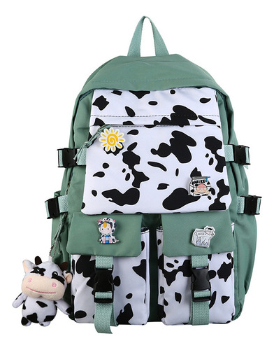 Mochila Con Estampado De Vaca Kawaii Con Lindo Accesorio Pin