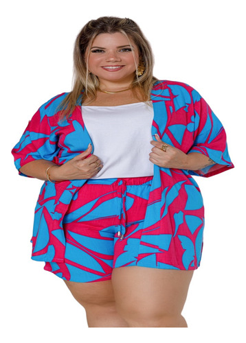 Conjunto Feminino Plus Size Estampado Kimono E Shorts