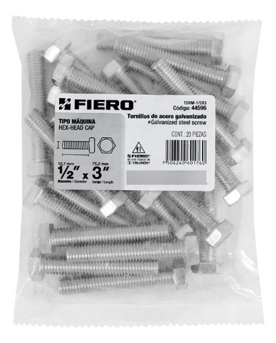 Tornillo Tipo Maquina 1/2 X 3´ Hexagonal Metal 20pz 44596