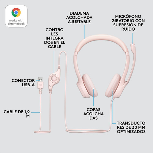 Imagen 8 de 10 de Diadema Usb Logitech H390, Mic Sin Ruido Y Controles, Rosado