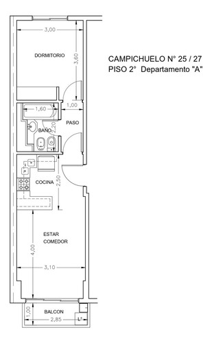 Departamento De 2 Ambientes En Caballito Balcon - Vista Abierta - Cocina Integrada