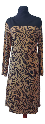 Vestido Mujer Estampado Beige Y Negro Seda Fría Talle G