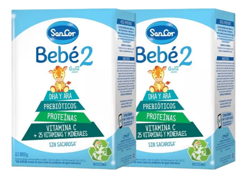 Combo X2 Sancor Leche Infantil Bebe 2 En Polvo 800 Gramos