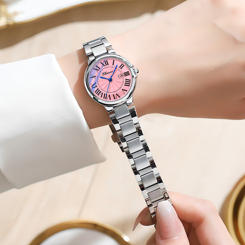 Relógio de quartzo luminoso Chenxi com calendário elegante, cor de fundo rosa