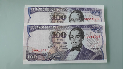 Duo Billetes De 100 Pesos De 1977 De Colombia