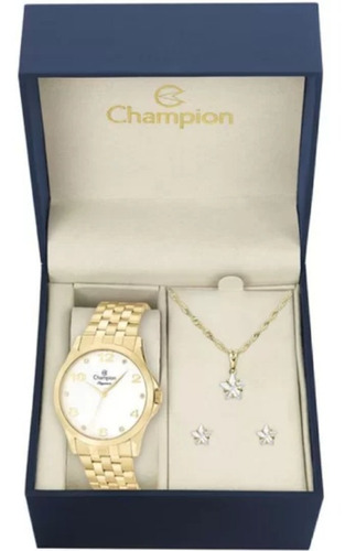 Relógio Champion Dourado Feminino+ Colar E Brincos (kit)