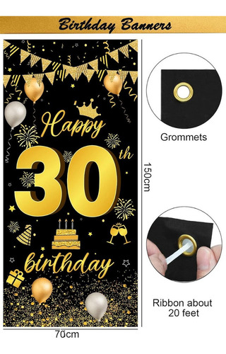 Decoración Globos Cumpleaños 30 Años Hombres Negro Y Dorado