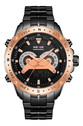 Relógio Weide Masculino Preto Rosê Metal Dualtime Wh-8501 Cor do bisel PRETO/ROSE Cor do fundo PRETO/ROSE