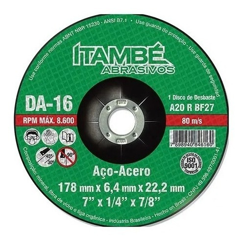 Disco Desbaste 7x1/4x7/8 Da-16 Itambé - Kit C/12 Discos