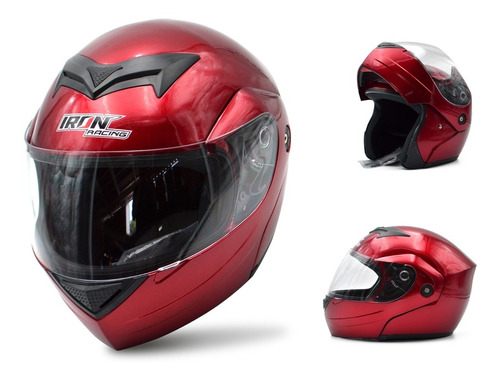 Casco Abatible Visera Transparente Certif Dot Rojo Metalico