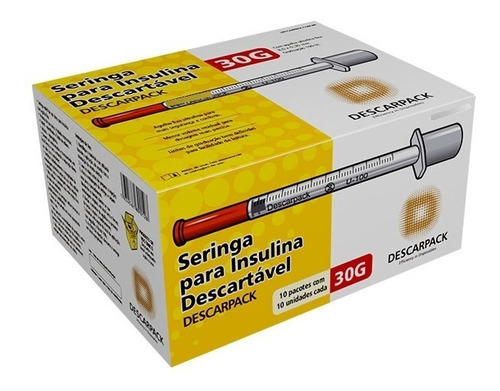 Seringa Para Insulina 8.0 x 0.30 30g 1mL 100 UI Caixa com 100 Unidades Descarpack