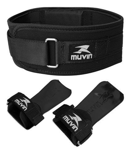 Kit Cinturão Musculação E Luva Hand Grip Muvin Crosstraining Cor Preto Tamanho M